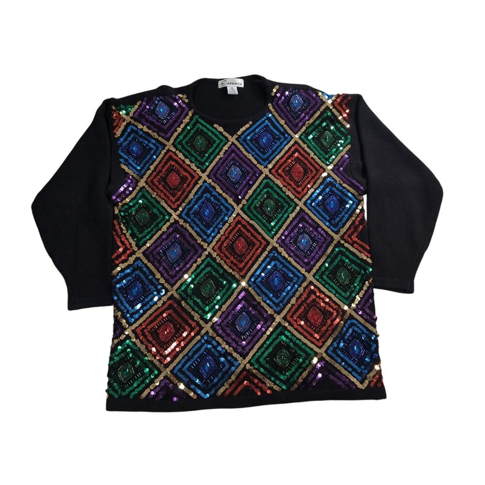 Vintage Essence Sequin Sweater 3X Black Colorful Geometric Shoulder Pads 80s